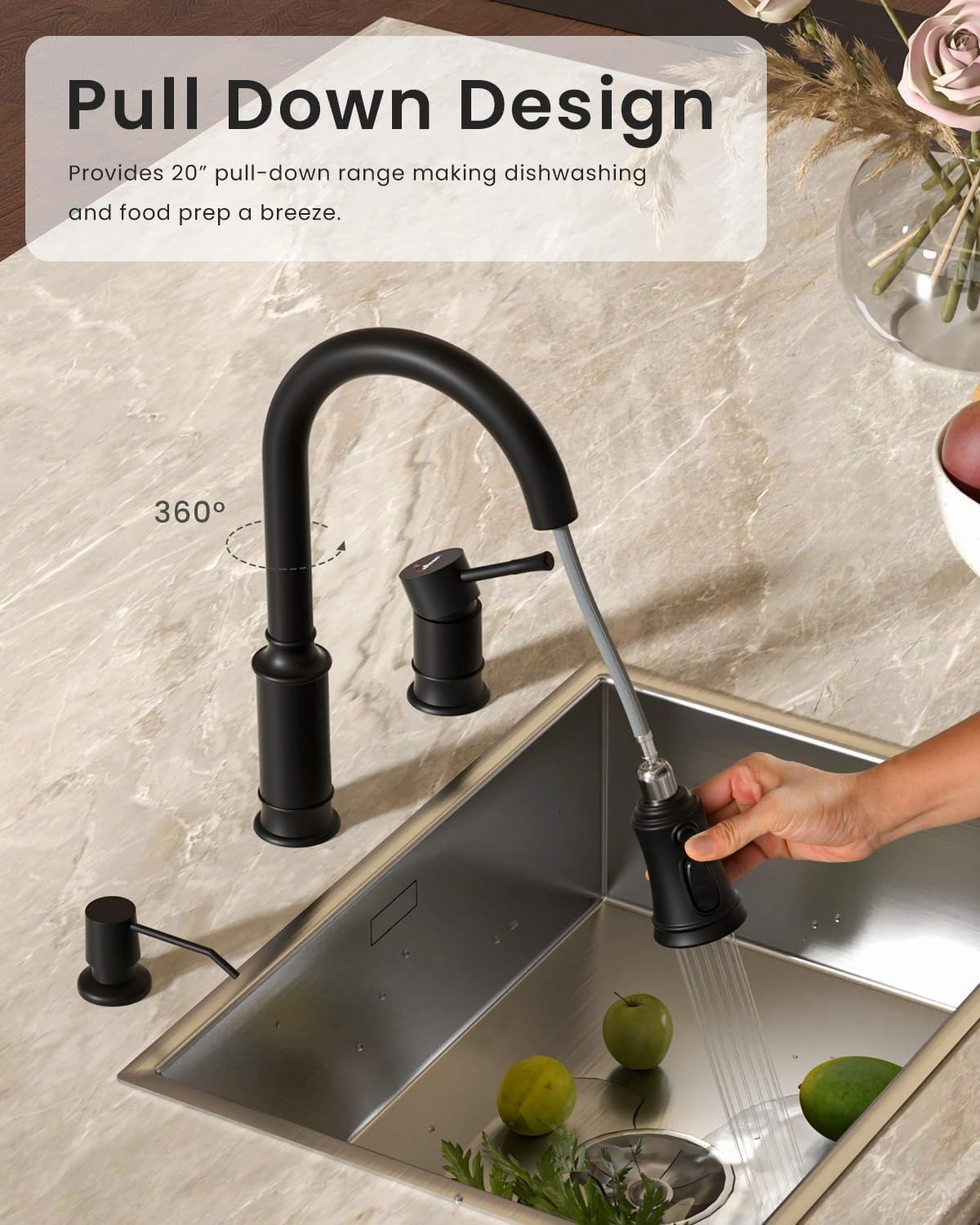 APPASO 3 Hole Kitchen Sink Faucet, 3 Modes Matte Black Kitchen Faucet with Soap Dispenser, Single Handle High Arch Separate Handle 3 Pieces Kitchen Faucet with Pull Down Sprayer for Laundry RV