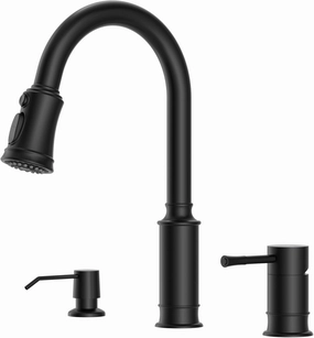 APPASO 3 Hole Kitchen Sink Faucet, 3 Modes Matte Black Kitchen Faucet with Soap Dispenser, Single Handle High Arch Separate Handle 3 Pieces Kitchen Faucet with Pull Down Sprayer for Laundry RV