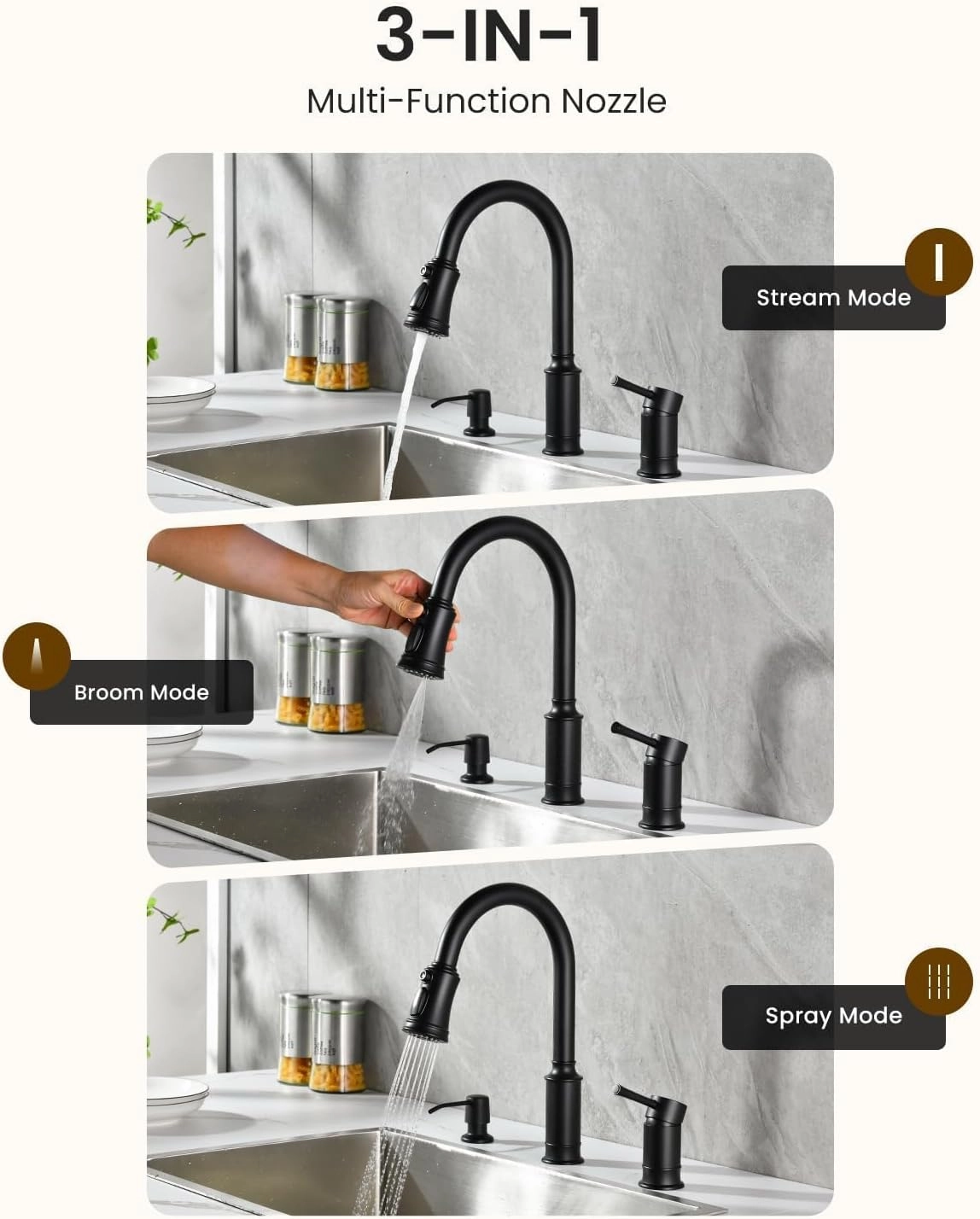 APPASO 3 Hole Kitchen Sink Faucet, 3 Modes Matte Black Kitchen Faucet with Soap Dispenser, Single Handle High Arch Separate Handle 3 Pieces Kitchen Faucet with Pull Down Sprayer for Laundry RV