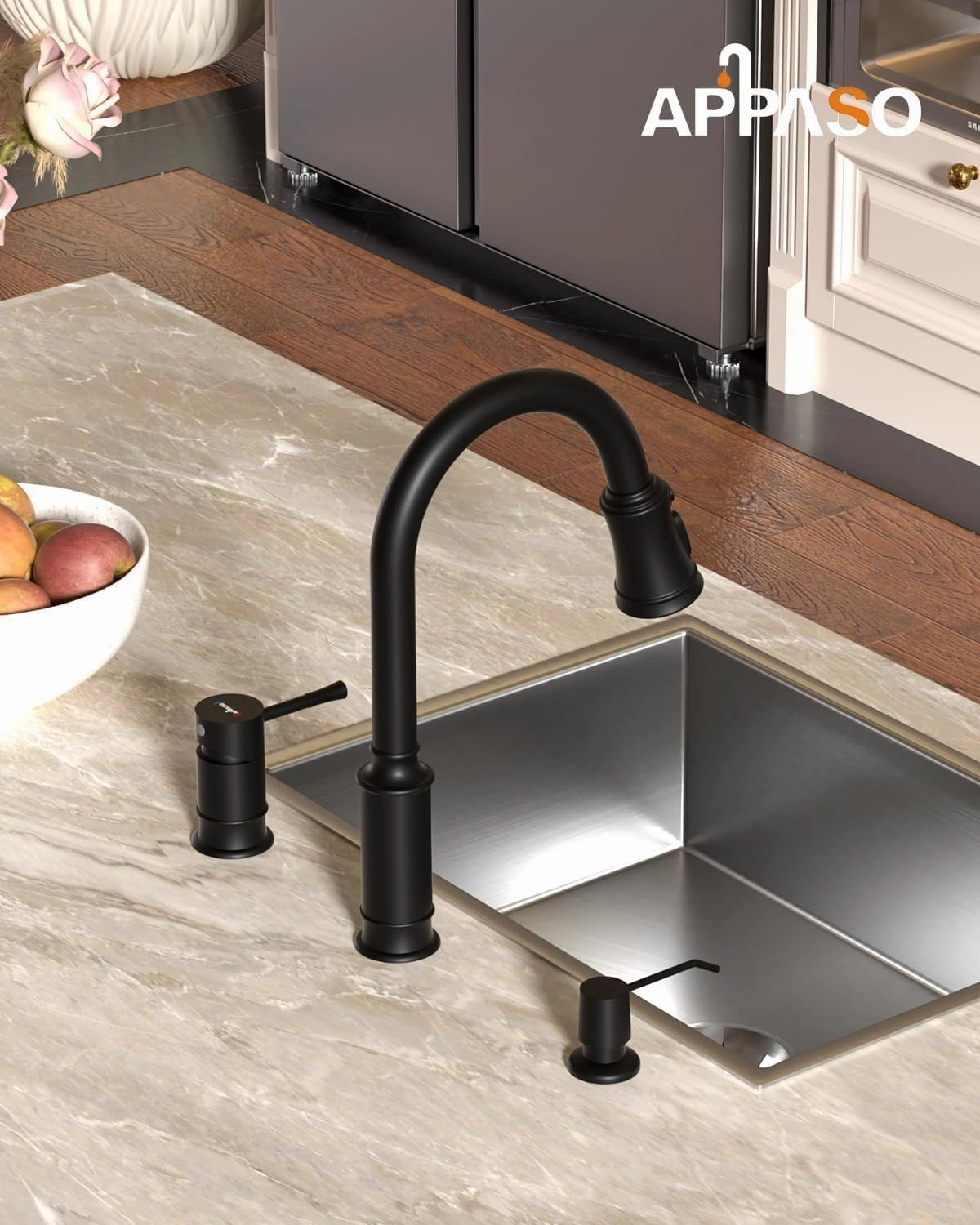 APPASO 3 Hole Kitchen Sink Faucet, 3 Modes Matte Black Kitchen Faucet with Soap Dispenser, Single Handle High Arch Separate Handle 3 Pieces Kitchen Faucet with Pull Down Sprayer for Laundry RV