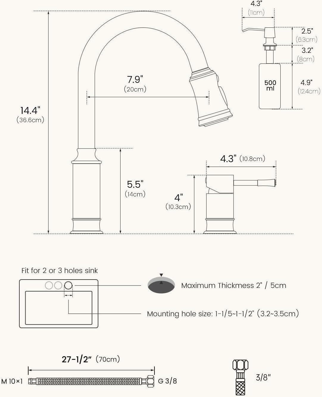 APPASO 3 Hole Kitchen Sink Faucet, 3 Modes Matte Black Kitchen Faucet with Soap Dispenser, Single Handle High Arch Separate Handle 3 Pieces Kitchen Faucet with Pull Down Sprayer for Laundry RV