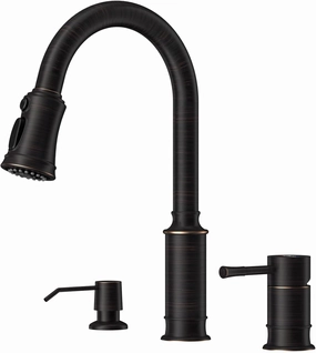 APPASO 3 Hole Kitchen Sink Faucet, Oil Rubbed Bronze Kitchen Faucet with Pull Down Sprayer, 3 Modes High Arch Separate Handle 3 Pieces Kitchen Faucet with Soap Dispenser for Laundry RV