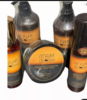 Argan Deluxe Hair Care Set, 5 Pieces - Nutrition Mask, Shampoo, Conditioner, Hairspray, 100% Organic Moroccan Oil