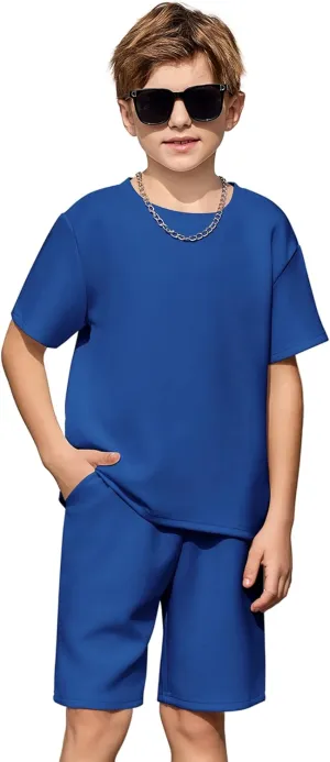 Arshiner Boys Drop Shoulder T-Shirt & Drawstring Waist Shorts with Chain Necklace Summer Casual Outfits (5-12 Years)