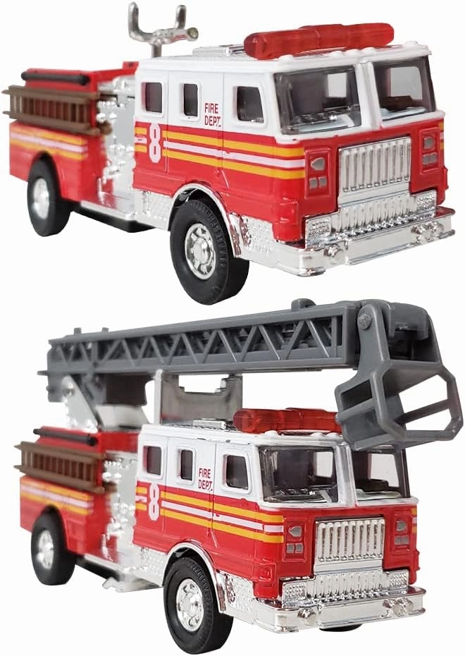ArtCreativity 5.5 Inch Toy Fire Trucks - Set of 2 - Pull Back Firetruck Toy Cars for Boys and Girls - Includes Metal Ladder Truck and Fire Engine - Best Birthday Gift for Kids, Toddlers