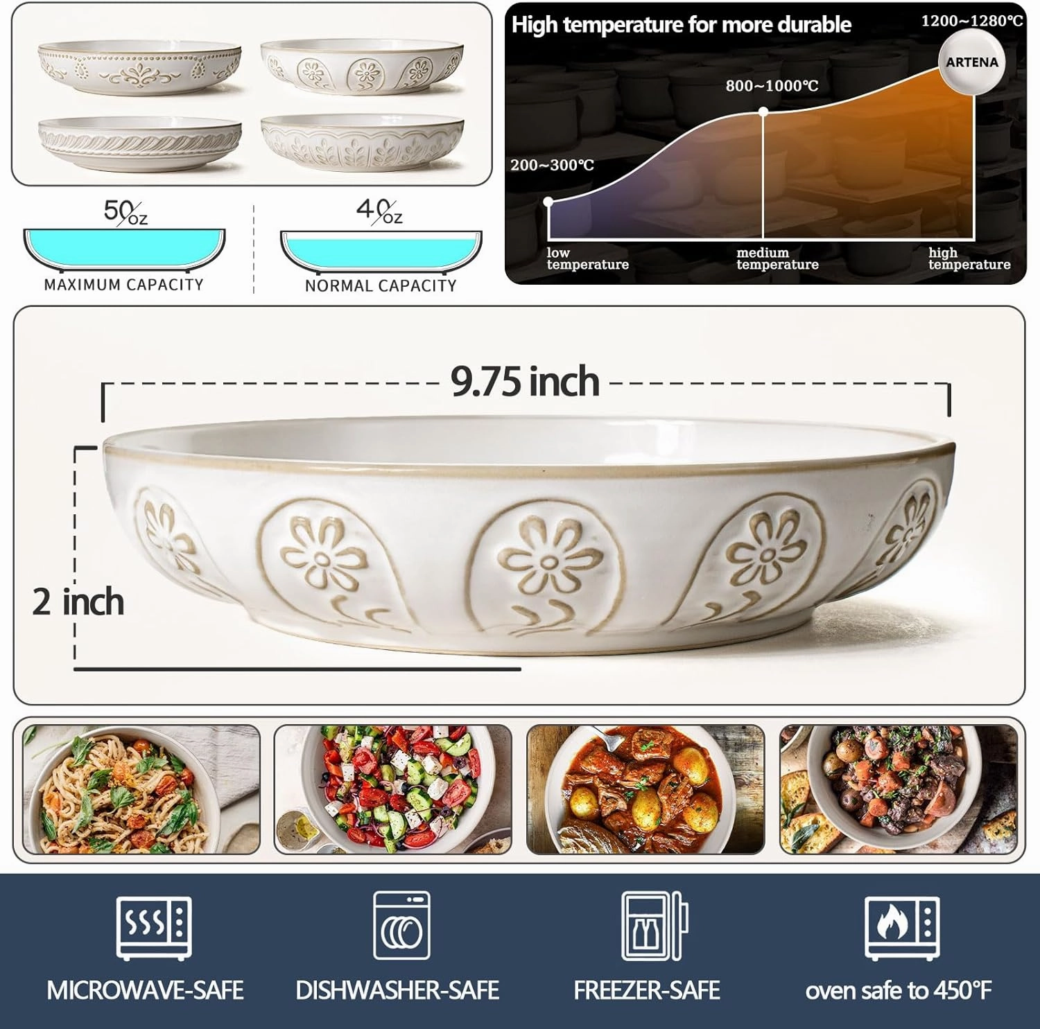 Artena Pasta Bowls, 50oz Large Salad Serving Bowls, 9.75'' Plates Bowls Set of 4, Big White Ceramic Soup Bowls for Kitchen, Embossment Shallow Dinner Bowl, Microwave Dishwasher Safe, Pinwheel Flower