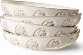 Artena Pasta Bowls, 50oz Large Salad Serving Bowls, 9.75'' Plates Bowls Set of 4, Big White Ceramic Soup Bowls for Kitchen, Embossment Shallow Dinner Bowl, Microwave Dishwasher Safe, Pinwheel Flower
