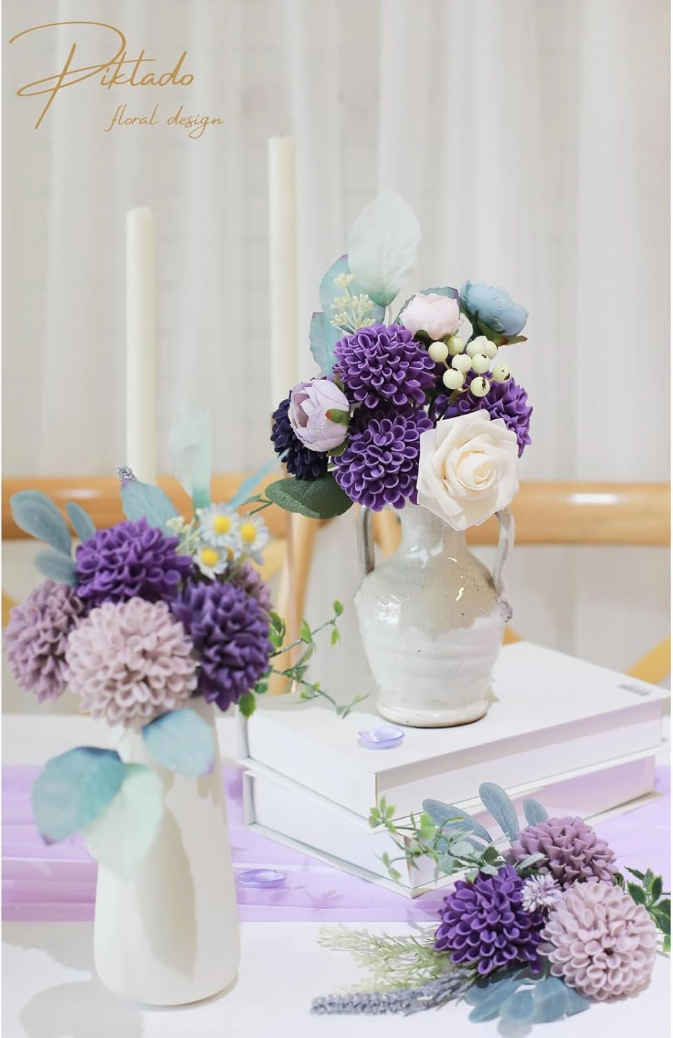 Artificial Wedding Dahlia Flowers 25 pcs Fake Roses with Stem for DIY Wedding Decor Centerpieces Arrangements Bouquets (Shades of Purple)