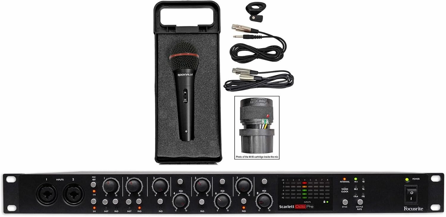 Audiosavings Bundle:(1) Focusrite Scarlett OctoPre 8-Channel Microphone Mic Preamp Bundle with (1) Rockville RMIC-SR Handheld DJ Vocal Recording Wired Microphone Cables Mic Case (2 Items)