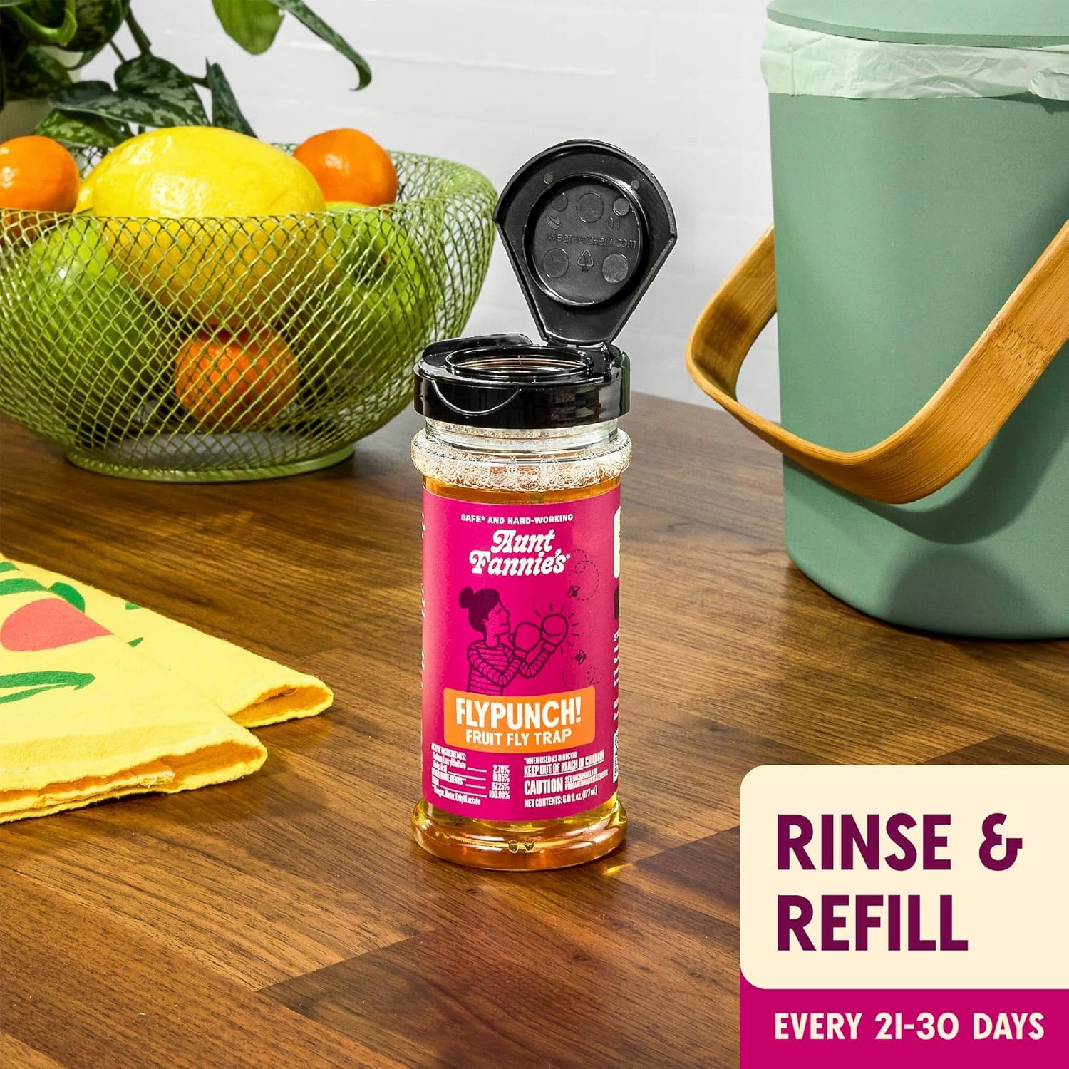 Aunt Fannie's FlyPunch Fruit Fly Trap for Indoor and Kitchen Use, Ready to Use, Made with Plant Based Ingredients, Safe Near Food, Long Lasting, 32 oz Refill, Packaging May Vary