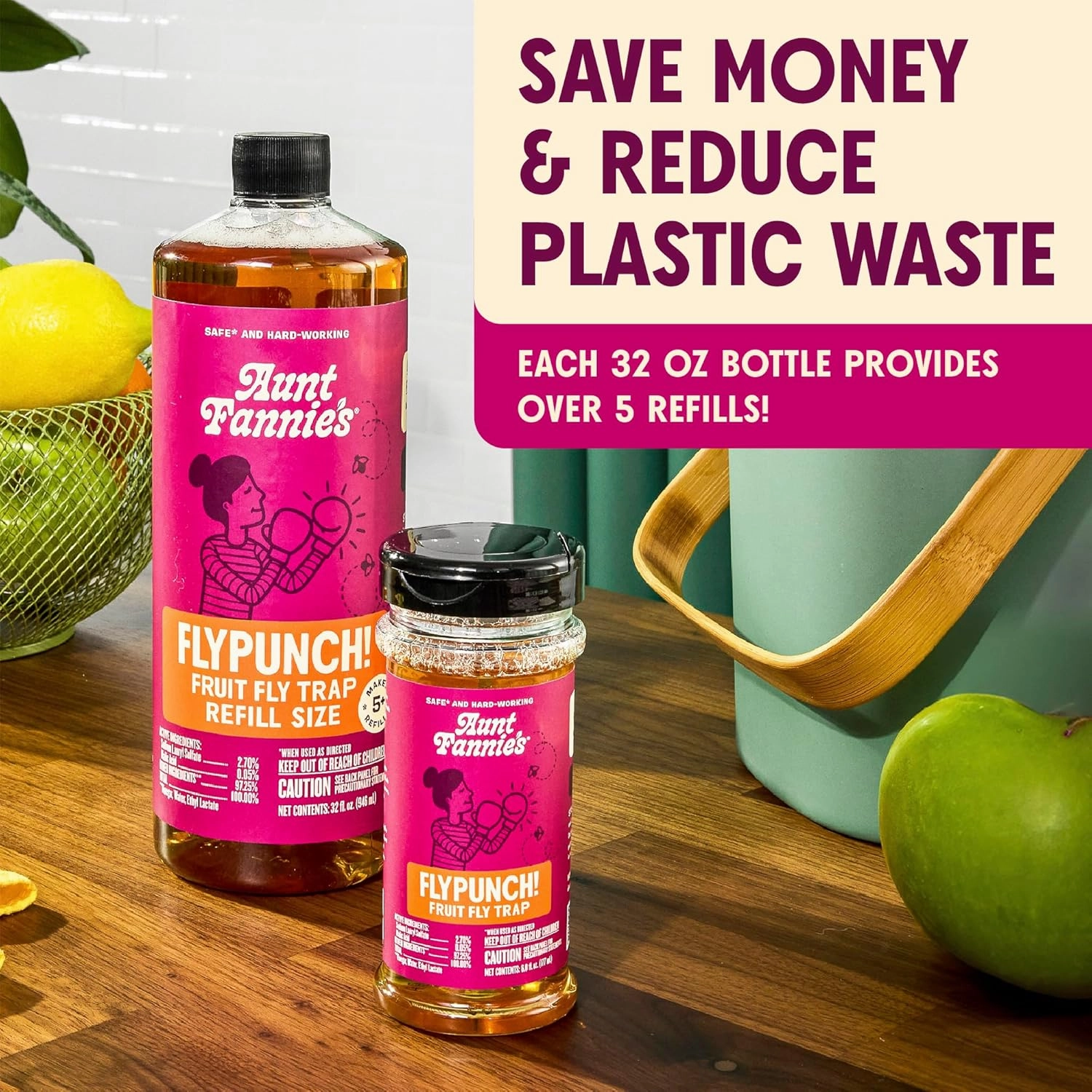 Aunt Fannie's FlyPunch Fruit Fly Trap for Indoor and Kitchen Use, Ready to Use, Made with Plant Based Ingredients, Safe Near Food, Long Lasting, 32 oz Refill, Packaging May Vary