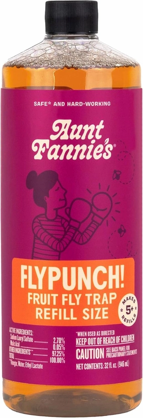 Aunt Fannie's FlyPunch Fruit Fly Trap for Indoor and Kitchen Use, Ready to Use, Made with Plant Based Ingredients, Safe Near Food, Long Lasting, 32 oz Refill, Packaging May Vary