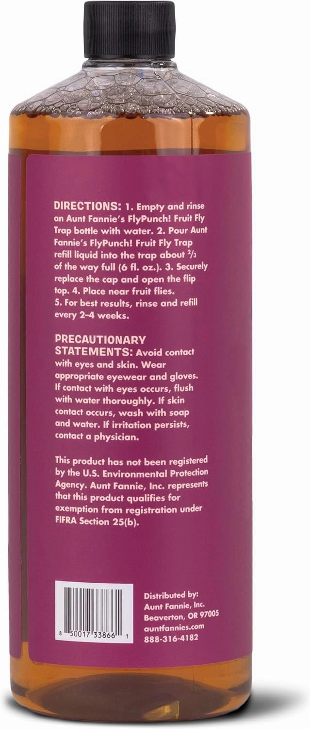 Aunt Fannie's FlyPunch Fruit Fly Trap for Indoor and Kitchen Use, Ready to Use, Made with Plant Based Ingredients, Safe Near Food, Long Lasting, 32 oz Refill, Packaging May Vary
