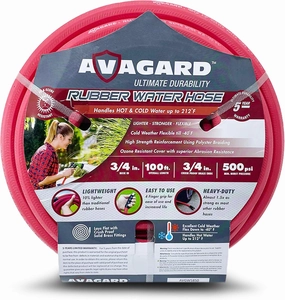 Avagard Garden Hose, Heavy Duty Hot Water Rubber Hose with Solid Brass GHT Fitting, Extreme Weather Resistant for Construction, Agriculture, Farm, Car Wash, Lawn (3/4" x 100')