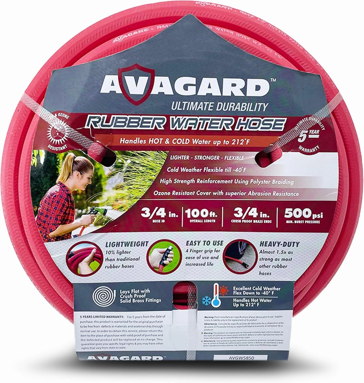 Avagard Garden Hose, Heavy Duty Hot Water Rubber Hose with Solid Brass GHT Fitting, Extreme Weather Resistant for Construction, Agriculture, Farm, Car Wash, Lawn (3/4" x 100')