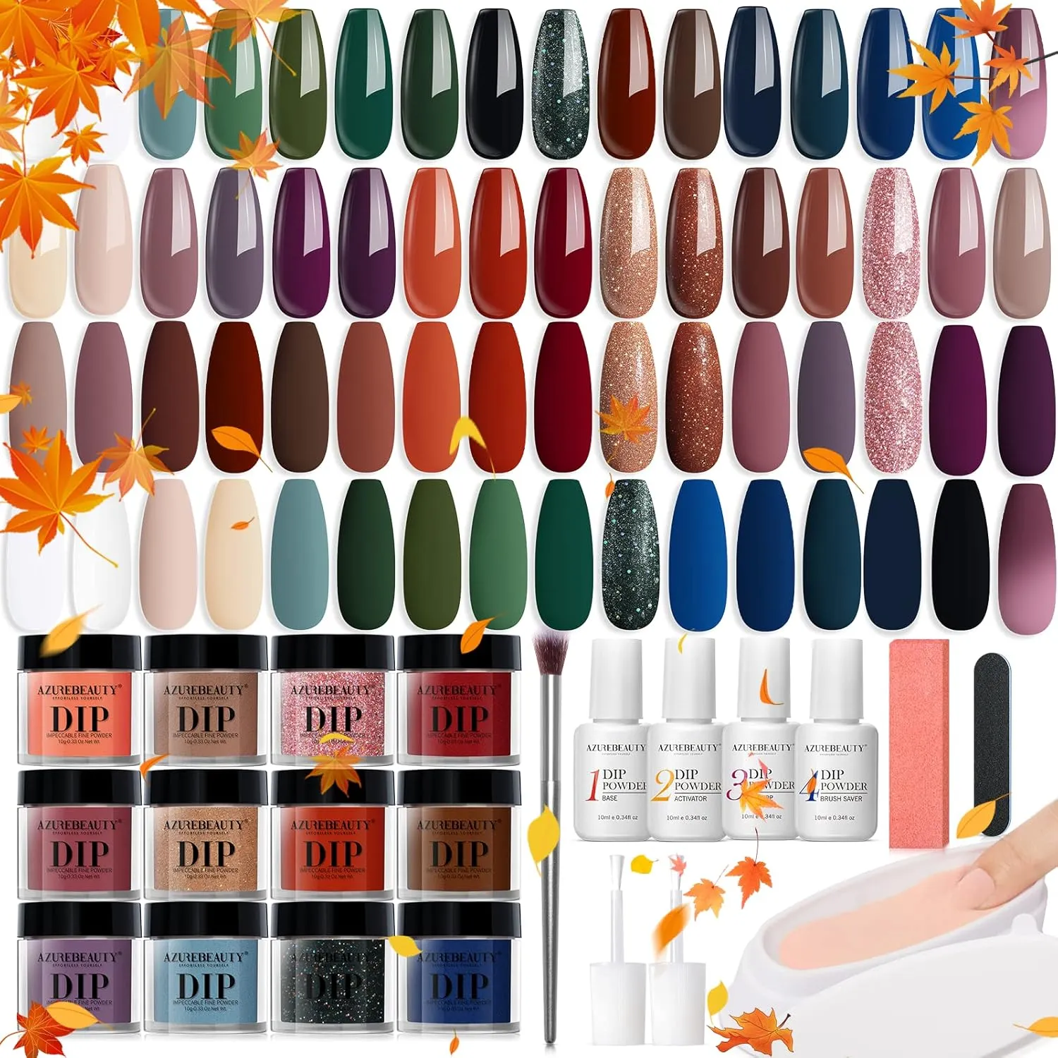 AZUREBEAUTY 42Pcs Dip Powder Nail Kit Starter, 32 Colors All Season Set Green Nude Brown Blue Dipping Powder Set with Top/Base Coat & Recycling Tray for French Art Manicure Salon