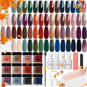 AZUREBEAUTY 42Pcs Dip Powder Nail Kit Starter, 32 Colors All Season Set Green Nude Brown Blue Dipping Powder Set with Top/Base Coat & Recycling Tray for French Art Manicure Salon
