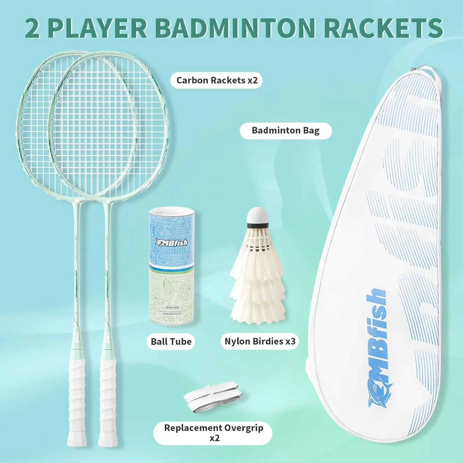 Badminton Racket Set with 2 Carbon Fiber Rackets, 3 Shuttlecocks, 2 Replacement Racket Grip Tapes and 1 Badminton Bag - Perfect for Beginners & Outdoor Games 4U