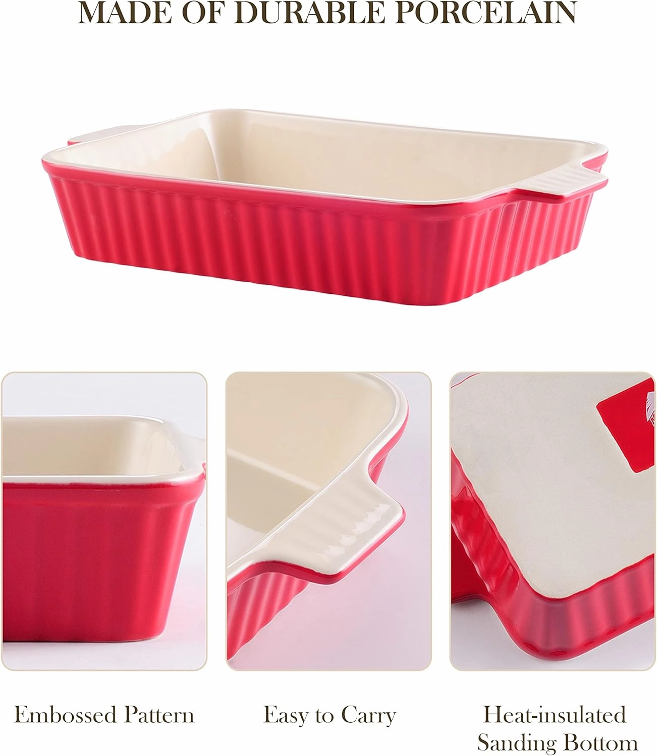 Bakeware Set of 4, MALACASA Porcelain Baking Pans Set for Oven, Casserole Dish, Ceramic Rectangular Baking Dish Lasagna Pans for Cooking Cake Pie Dinner Kitchen, Red (9.5"/11.25"/12.75"/14.5")