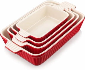 Bakeware Set of 4, MALACASA Porcelain Baking Pans Set for Oven, Casserole Dish, Ceramic Rectangular Baking Dish Lasagna Pans for Cooking Cake Pie Dinner Kitchen, Red (9.5"/11.25"/12.75"/14.5")