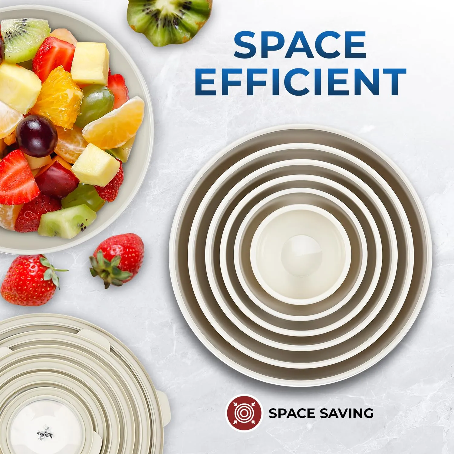 Bakken Master 12 Piece Plastic Nesting Bowls with Lids - Mixing Bowls Set includes 6 Prep Bowls and 6 Lids, BPA-Free, Reusable Meal Prep Containers, Microwave, Freezer & Dishwasher Safe, White Cream