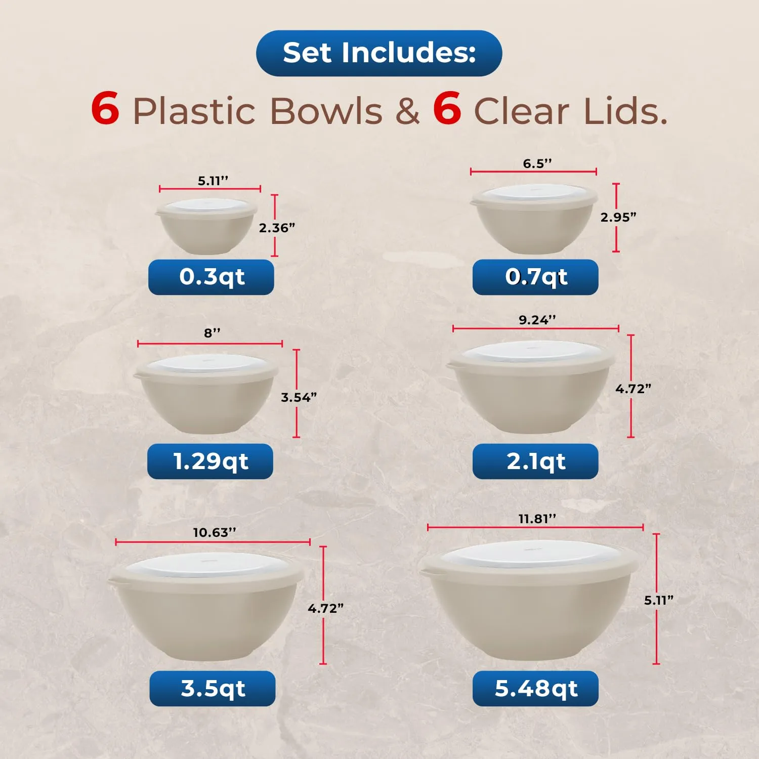 Bakken Master 12 Piece Plastic Nesting Bowls with Lids - Mixing Bowls Set includes 6 Prep Bowls and 6 Lids, BPA-Free, Reusable Meal Prep Containers, Microwave, Freezer & Dishwasher Safe, White Cream