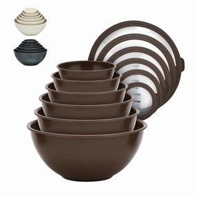 Bakken Master 12 Piece Plastic Nesting Bowls with Lids - Mixing Bowls Set includes 6 Prep Bowls and 6 Lids, BPA-Free, Reusable Meal Prep Containers, Microwave, Freezer & Dishwasher Safe, Brown
