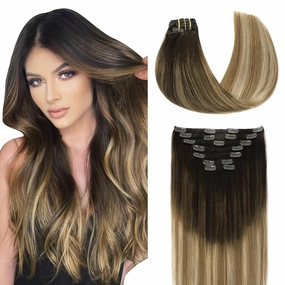 Balayage Clip in Hair Extensions Human Hair 14 Inch Real Human Hair Extensions Clip in Darkest Brown Fading to Brown With Ash Blond 7 Pcs 140 Gram (7C#2/6/18-14Inch)