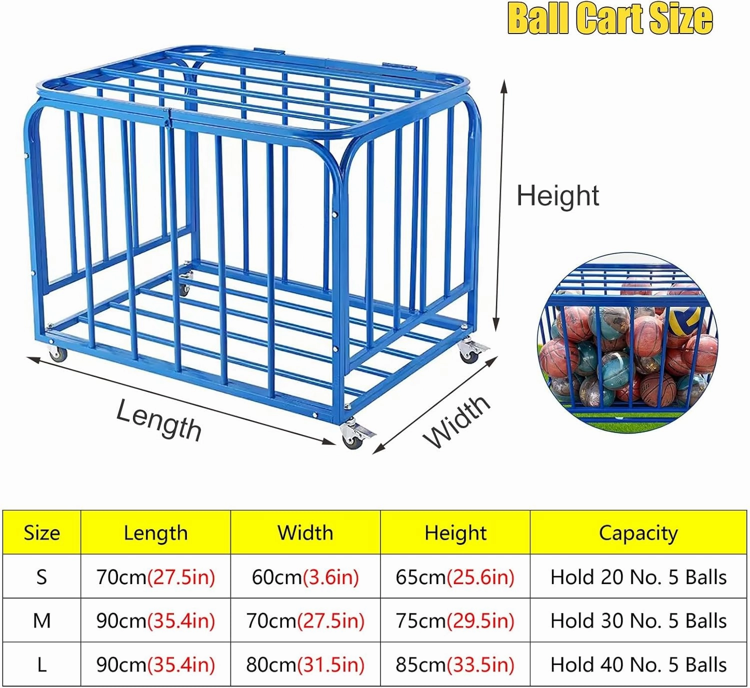 Ball Storage Cart with Wheels, Heavy Duty Rolling Organizer for Sports Equipment - Lockable Stackable Cage with Lid for School/Gym, Metal Rack for Basketballs Footballs