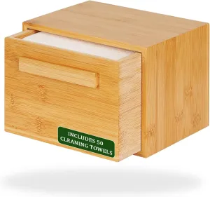 Bamboo Box with 50 Disposable Face Towels Bamboo Storage Containers Disposable Facial Tissues Cube Boxes Dry Wipes Face Cleaning for Skin Care (with Drawer)