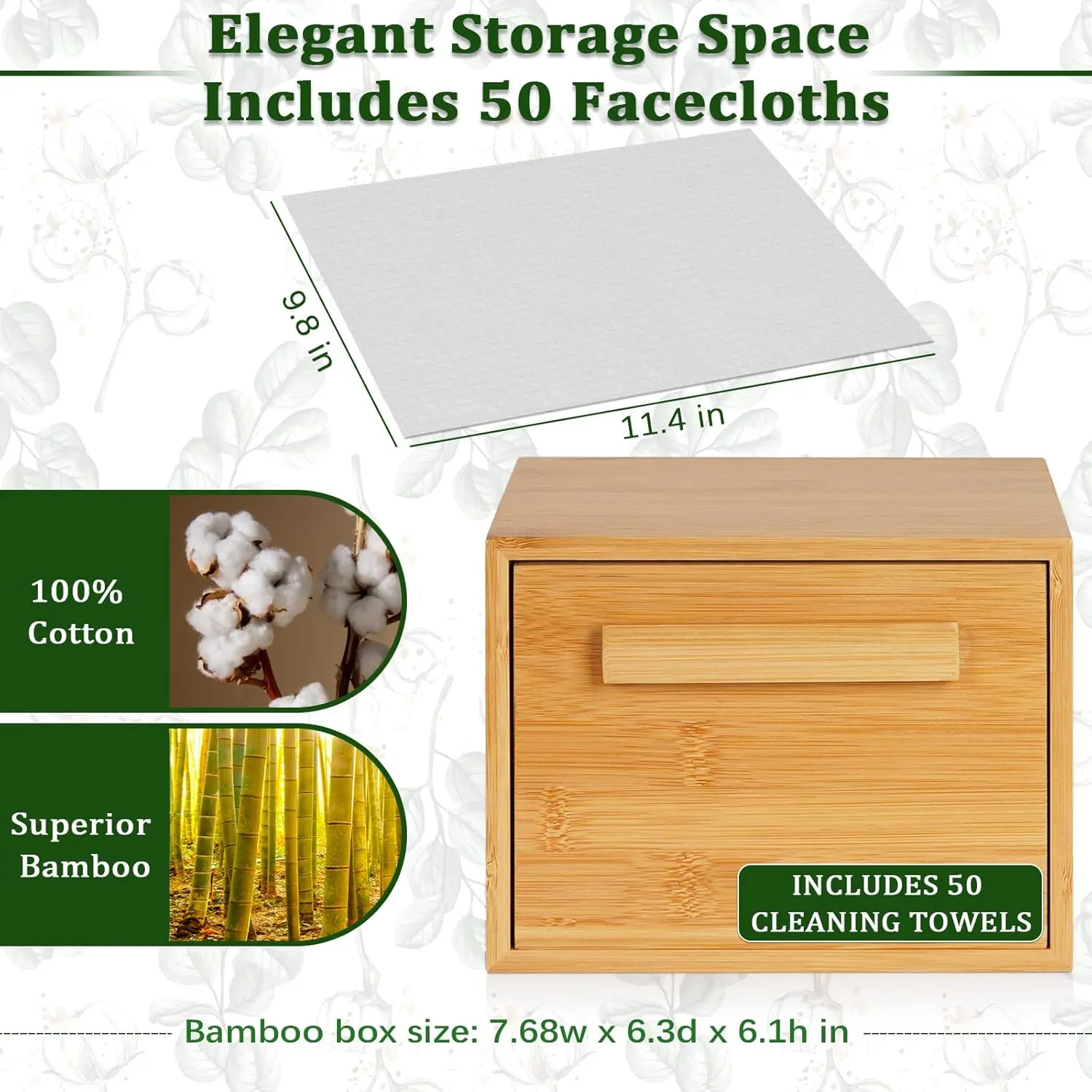 Bamboo Box with 50 Disposable Face Towels Bamboo Storage Containers Disposable Facial Tissues Cube Boxes Dry Wipes Face Cleaning for Skin Care (with Drawer)