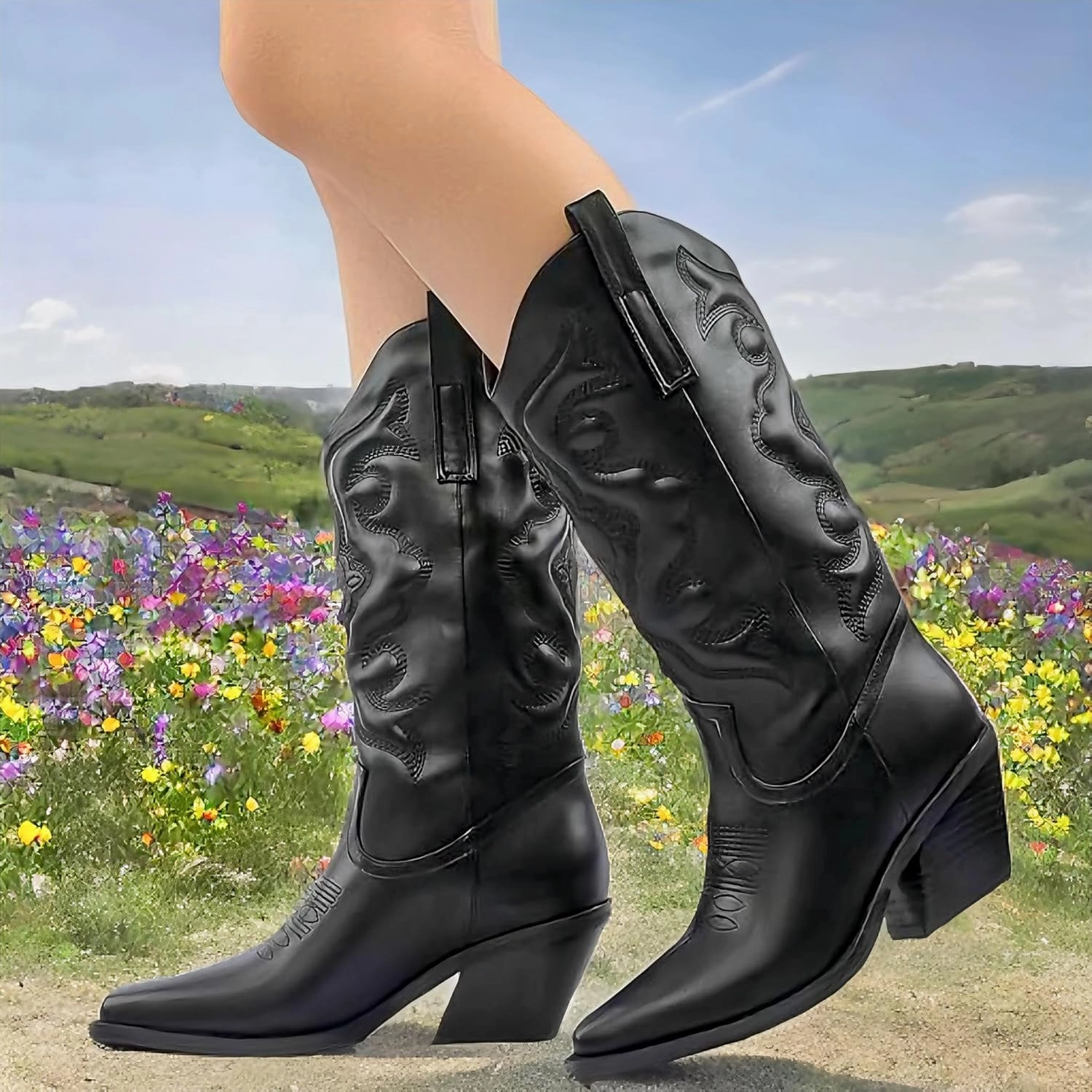 BAMBOO Women's Western Cowboy Boots Mid Calf High Cowgirl Boots Embroidered Pointed Toe Chunky Heel Fashion Retro Classic Boot Pull On Mindful-04