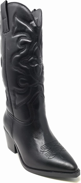 BAMBOO Women's Western Cowboy Boots Mid Calf High Cowgirl Boots Embroidered Pointed Toe Chunky Heel Fashion Retro Classic Boot Pull On Mindful-04