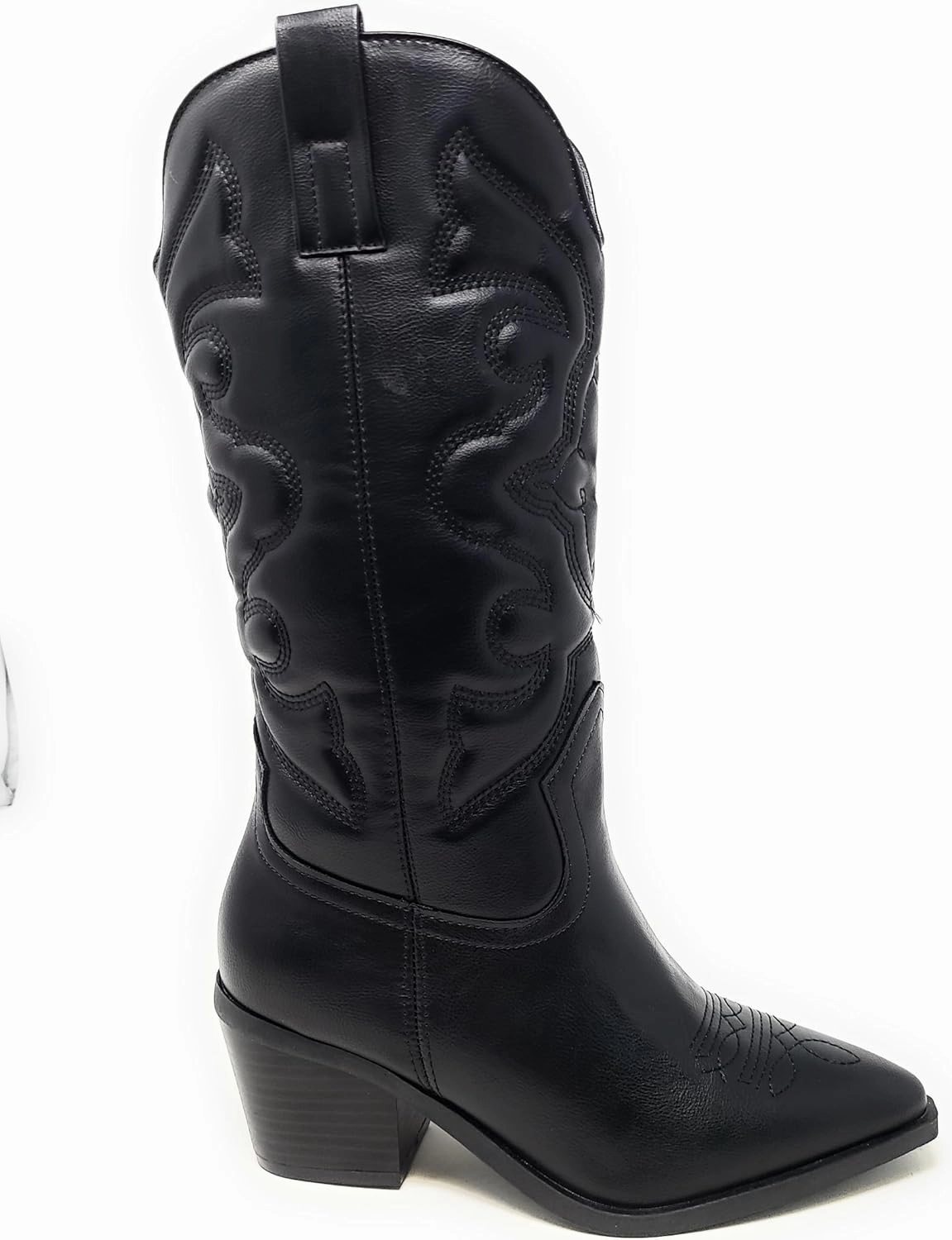 BAMBOO Women's Western Cowboy Boots Mid Calf High Cowgirl Boots Embroidered Pointed Toe Chunky Heel Fashion Retro Classic Boot Pull On Mindful-04