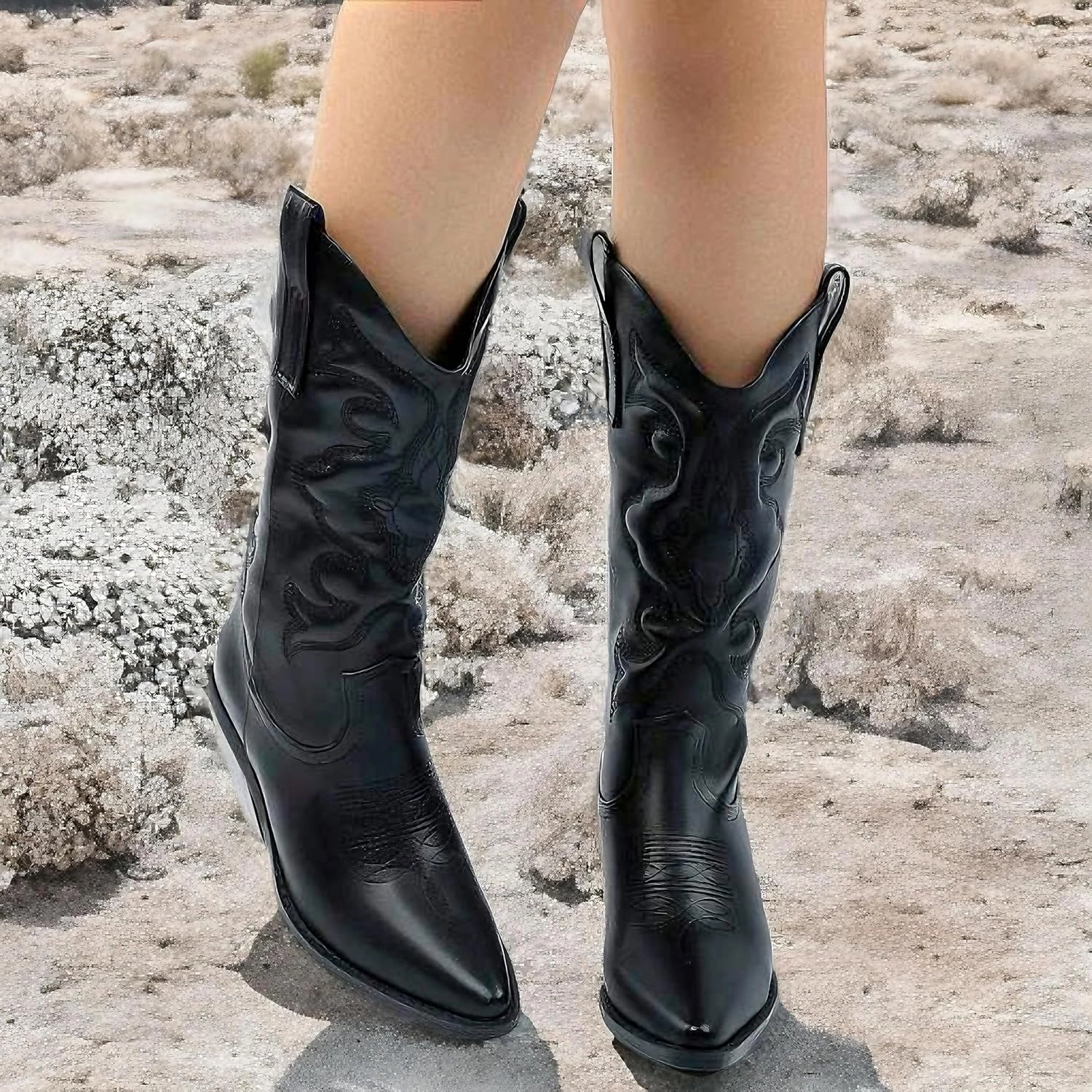 BAMBOO Women's Western Cowboy Boots Mid Calf High Cowgirl Boots Embroidered Pointed Toe Chunky Heel Fashion Retro Classic Boot Pull On Mindful-04