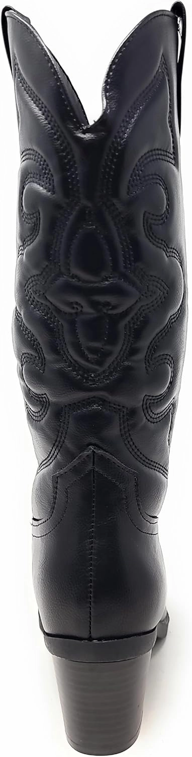 BAMBOO Women's Western Cowboy Boots Mid Calf High Cowgirl Boots Embroidered Pointed Toe Chunky Heel Fashion Retro Classic Boot Pull On Mindful-04