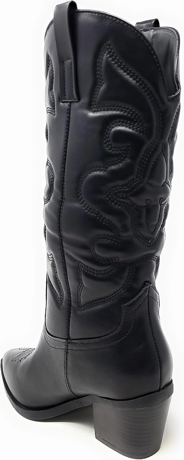 BAMBOO Women's Western Cowboy Boots Mid Calf High Cowgirl Boots Embroidered Pointed Toe Chunky Heel Fashion Retro Classic Boot Pull On Mindful-04