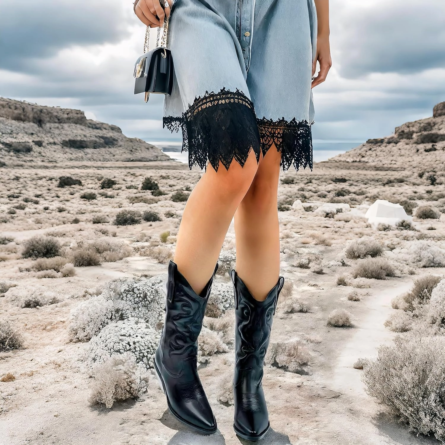 BAMBOO Women's Western Cowboy Boots Mid Calf High Cowgirl Boots Embroidered Pointed Toe Chunky Heel Fashion Retro Classic Boot Pull On Mindful-04