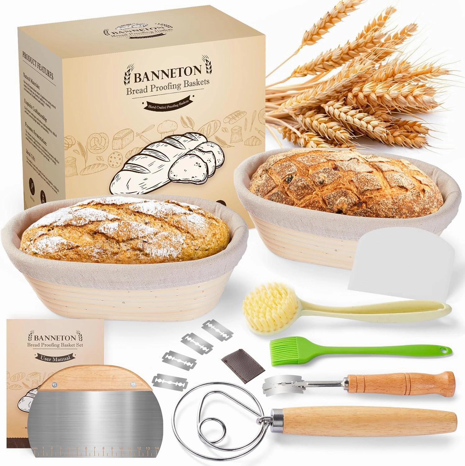 Banneton Bread Sourdough Proofing Basket - Sourdough Starter Kit 10" Oval Set of 2, Sourdough Bread Baking Supplies, Bread Proofing Basket with 6 Accessories