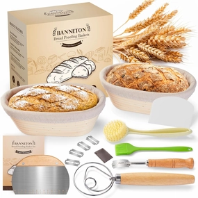 Banneton Bread Sourdough Proofing Basket - Sourdough Starter Kit 10" Oval Set of 2, Sourdough Bread Baking Supplies, Bread Proofing Basket with 6 Accessories