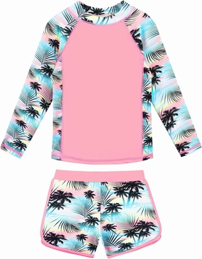 BAOHULU Girls Rash Guard Swimsuit Set 2 Pcs Long Sleeve Bathing Suit UPF 50  Tankini Beach Swimwear Size 5-14 Years