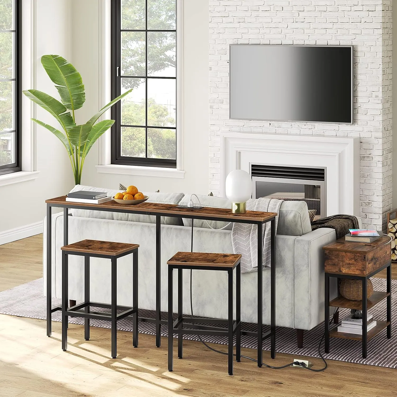 Bar Stools, Set of 2 Bar Chairs, Kitchen Breakfast Bar Stools with Footrest, 25.8" Dining Stools, Rectangular Industrial Bar Chairs, for Dining Room, Kitchen,Rustic Brown BAHR0101Z
