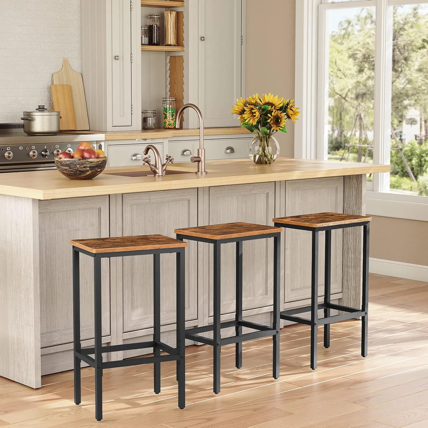 Bar Stools, Set of 2 Bar Chairs, Kitchen Breakfast Bar Stools with Footrest, 25.8" Dining Stools, Rectangular Industrial Bar Chairs, for Dining Room, Kitchen,Rustic Brown BAHR0101Z
