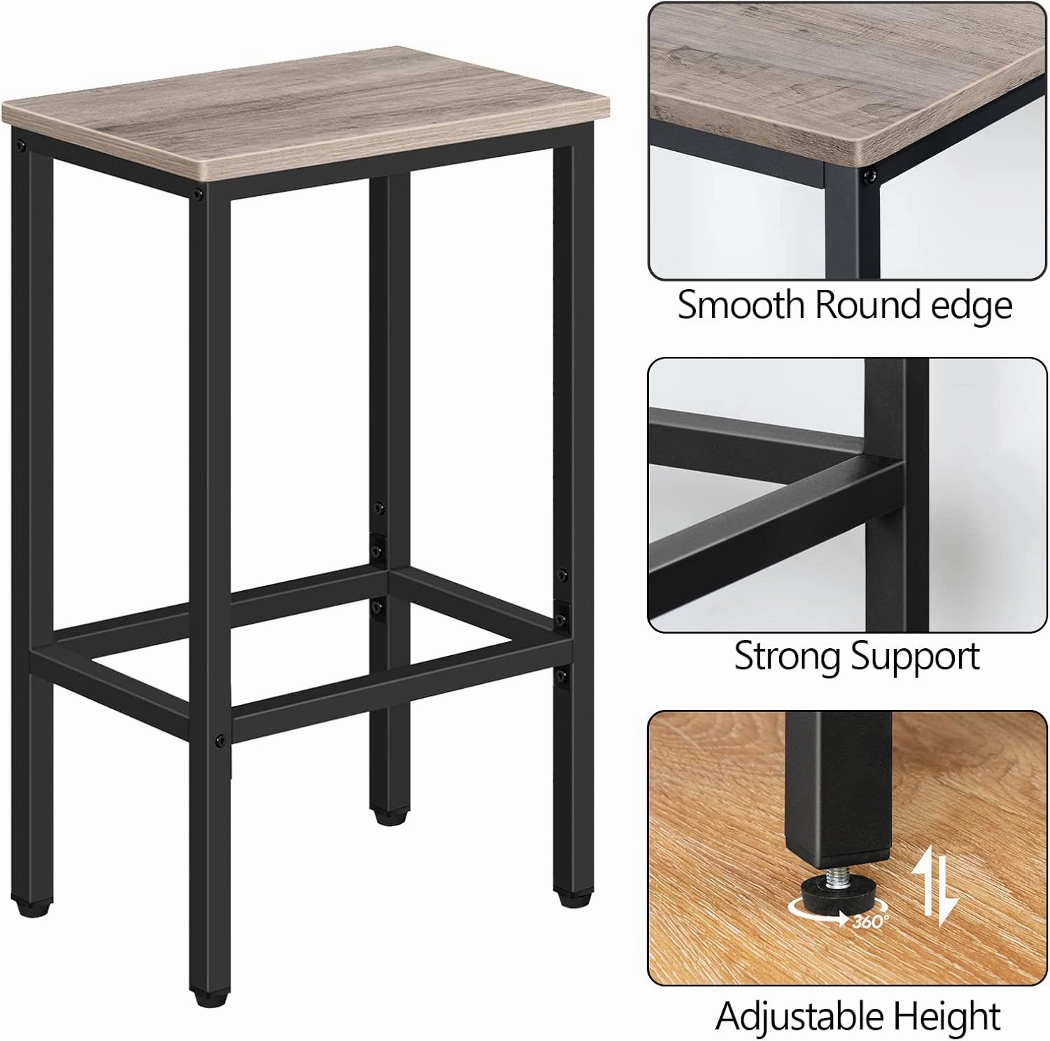 Bar Stools, Set of 2 Bar Chairs, Kitchen Breakfast Bar Stools with Footrest, 25.8" Dining Stools, Rectangular Industrial Bar Chairs, for Dining Room, Kitchen, Greige BAHG0101Z