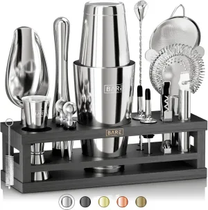 BARE BARREL® Mixology Bartender Kit Bar Set | 16-Piece Cocktail Shaker Set | Martini Barware Mixing Tools for Home Bartending | Incl. 35 Recipe Cards | Gift Set (28oz Boston Shaker, Silver/Black)