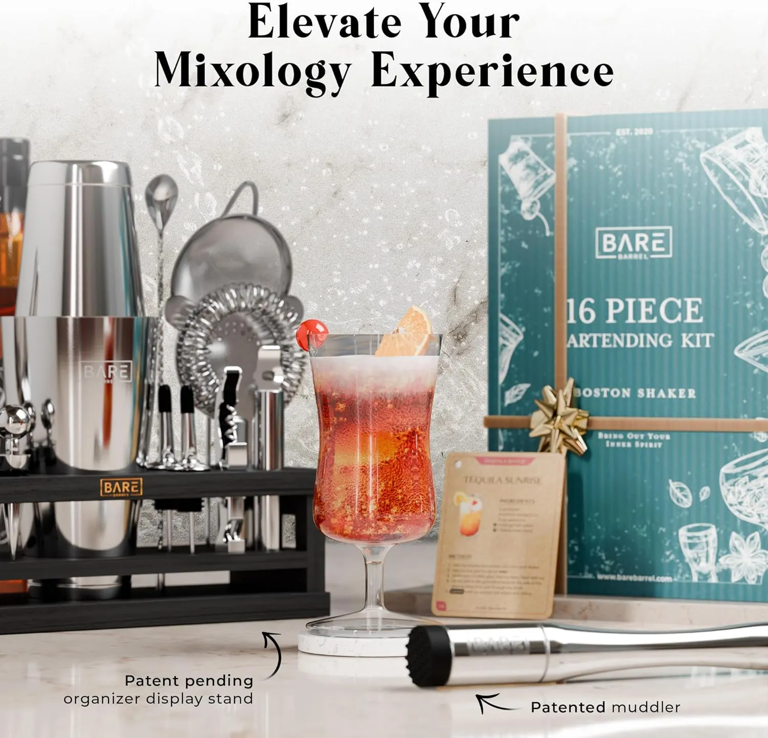 BARE BARREL® Mixology Bartender Kit Bar Set | 16-Piece Cocktail Shaker Set | Martini Barware Mixing Tools for Home Bartending | Incl. 35 Recipe Cards | Gift Set (28oz Boston Shaker, Silver/Black)