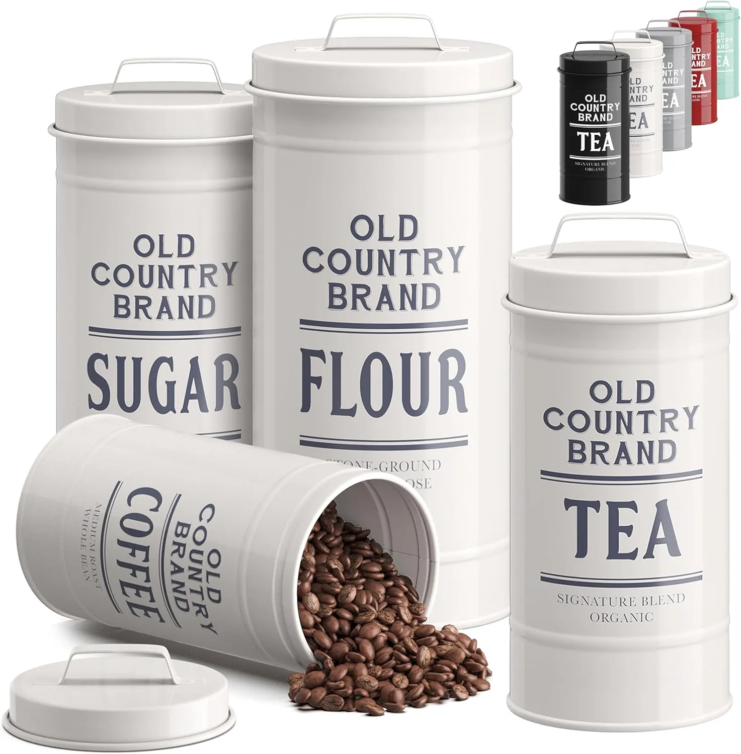 Barnyard Designs Canister Sets for Kitchen Counter, Farmhouse Canisters Sets for the Kitchen Countertop, Coffee Tea Sugar Flour Metal Containers with Lid (White)