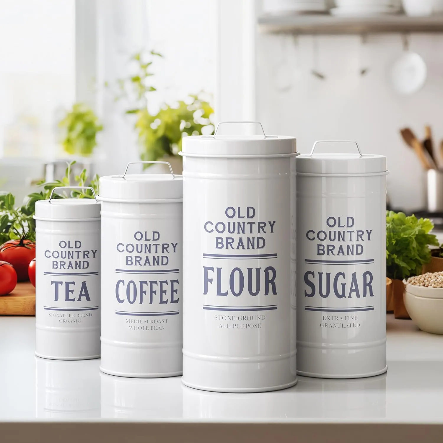 Barnyard Designs Canister Sets for Kitchen Counter, Farmhouse Canisters Sets for the Kitchen Countertop, Coffee Tea Sugar Flour Metal Containers with Lid (White)