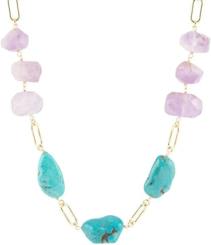 Barse Jewelry Purple Periwinkle Amethyst and Blue Turquoise Long Golden Necklace
