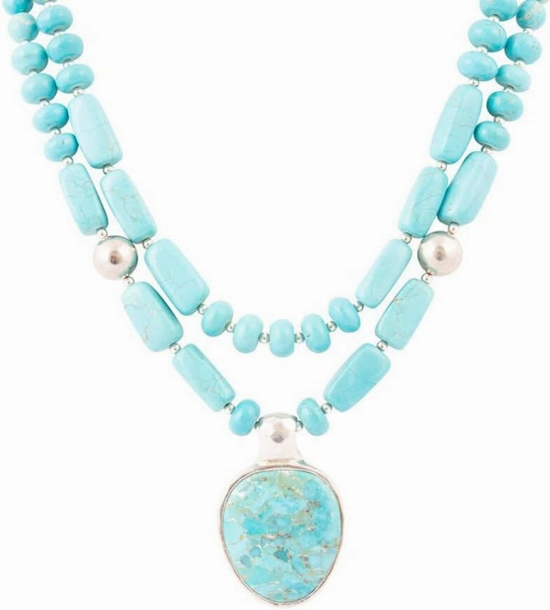 Barse Jewelry Double Stranded Blue Turquoise Sterling Silver Statement Pendant Necklace